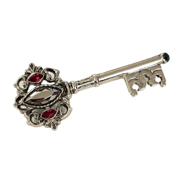 1928 Brand Red Blue Rhinestone Silver Tone Key Brooch Pin L259 - Picture 5 of 10